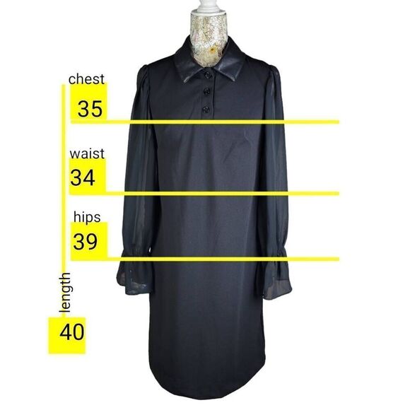 Shelby & Palmer Faux Leather Collar Button Up Sheer Blousy Sleeves Black Dress - Picture 3 of 12
